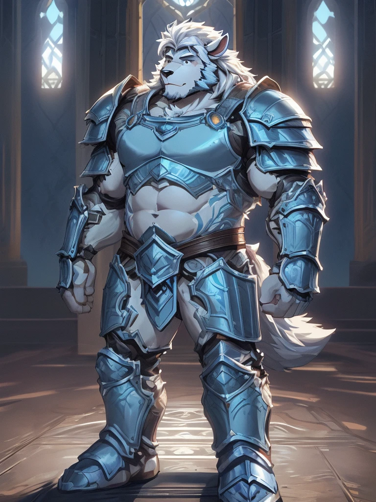 a furry sheep, white fur, shoulder long hair, handsome, slim fit, fit build, paladin, ((white sheep), ((dark blue paladin armor)), furry art, full body, mature, tall, daddy, muscular, silky hair,