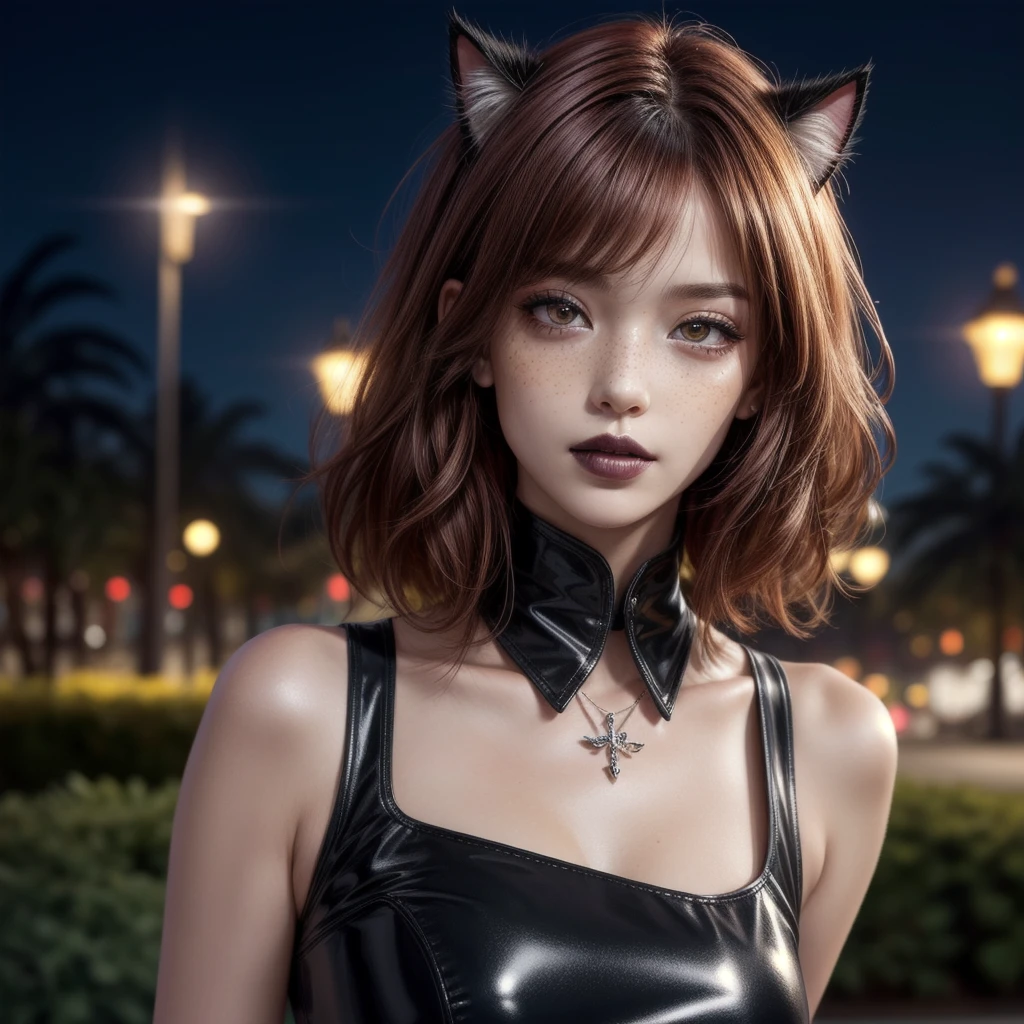 a girl at a park on a date at night with street lights,
blurry background, 
cat ears, 
black makeup, 
closeup, face, detailed eyes, eyes, extreme details, intricate,
red hair, short hair, bob cut, red eyes, 
glow, lights, shiny lights, 
low-cut,
freckles, butterfly,
shiny hair, shiny, shiny skin, shiny clothes, realistic, (photorealistic:1.1)
goth,black lipstick countess (paragon), paragon, latex, female