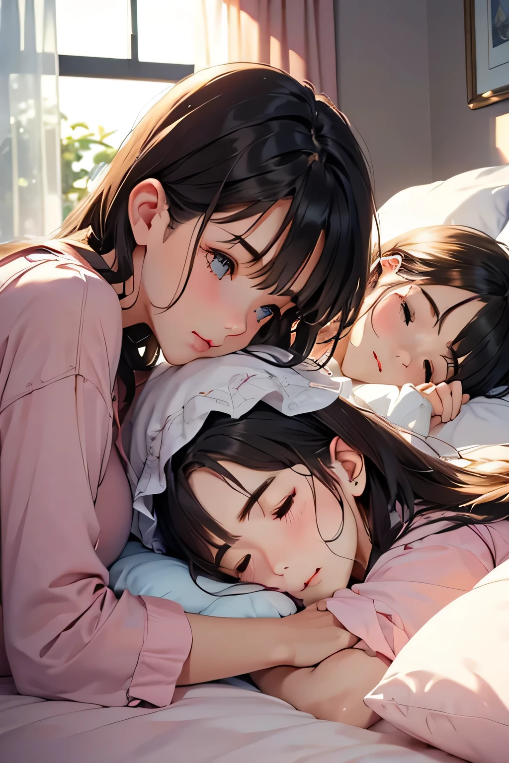 Highest quality、High resolution、Detailed Background、(Beautiful face in every detail:1.4)、Anatomically correct、(Detailed facial expressions)、(Detailed eyes:1.2)、age beauty、(Highly detailed face:1.4)、Cute hair colour、Cute hairstyle、Bright room by the window、White or light-colored beds and duvets、Fluffy cushions etc.、A clean space that creates a feminine atmosphere、Adding plants and stuffed toys will create a more adorable atmosphere.、Pajamas in pastel colors、
(Three sleeping girls:1.5)