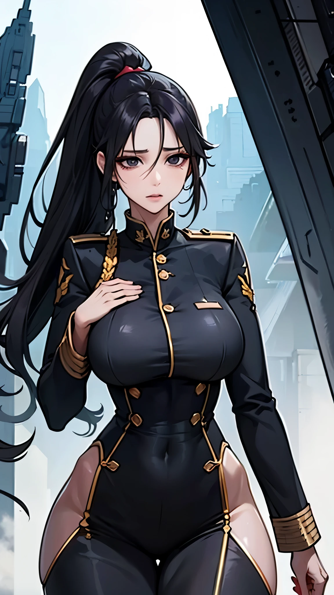 Lin Wei, a beautiful human-hybrid with striking black eyes and long black hair tied in a high ponytail, stands confidently. She looks directly at the camera with a determined and intelligent gaze. Her military uniform fits perfectly, highlighting her strong yet feminine physique. Her presence exudes strength, grace, and leadership. The background suggests a futuristic starship setting, adding to her commanding and powerful aura.