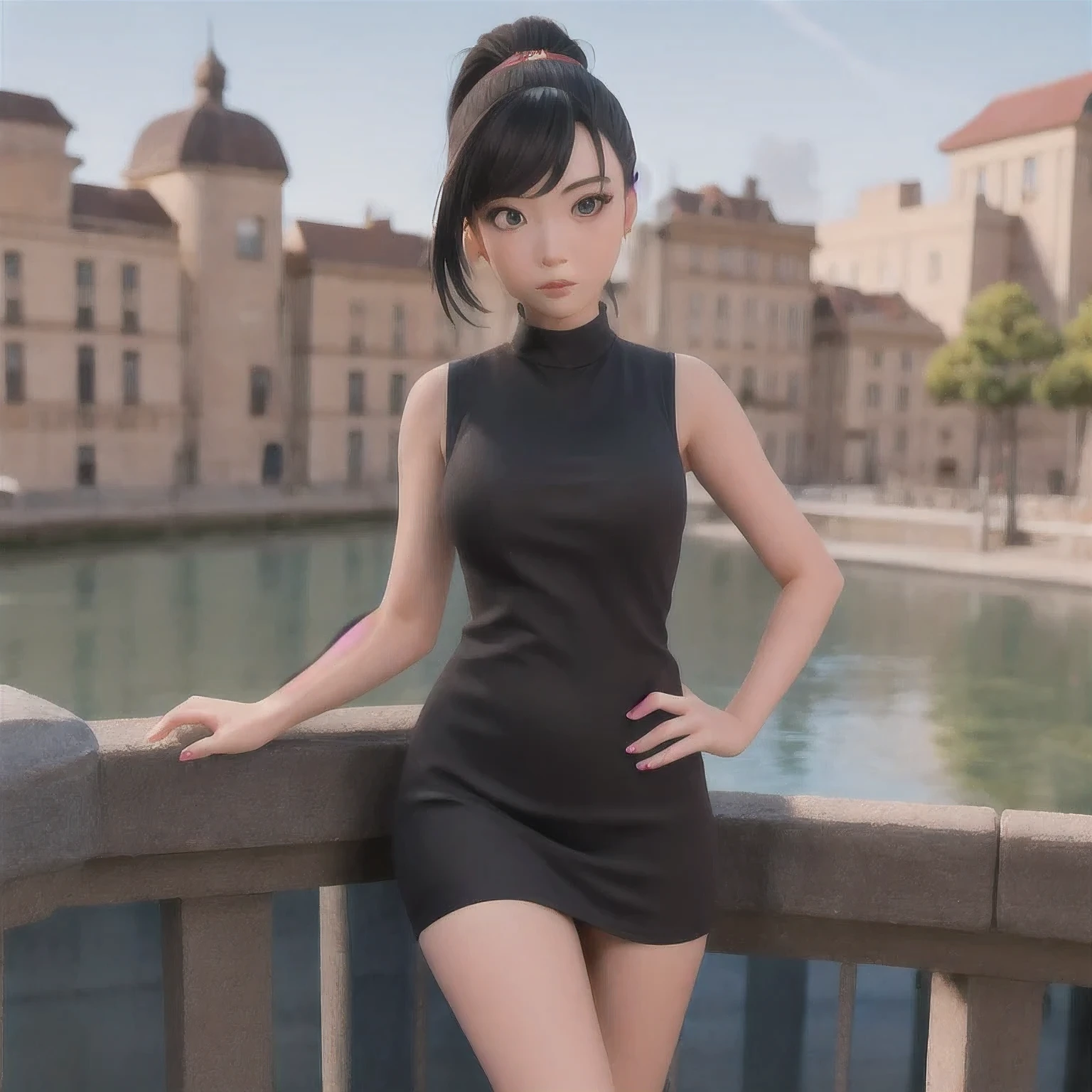 A girl in a 紫粉 dress poses for a photo, Sleek black hair, Hair tied into a sleek low ponytail, Comb your hair back, 短Comb your hair back, She wears a black vest, 2 4-year-old female model, very 短Comb your hair back, Slicked-back hair, 30-year-old French girl, 1 girl, solo，a girl in a black dress posing for a picture, slicked black hair, hair in slick low ponytail, slicked-back hair, short slicked - back hair, she is wearing a 紫粉 tank top, 2 4 year old female model, very short slicked - back hair, slicked back hair, 30-year-old french girl，