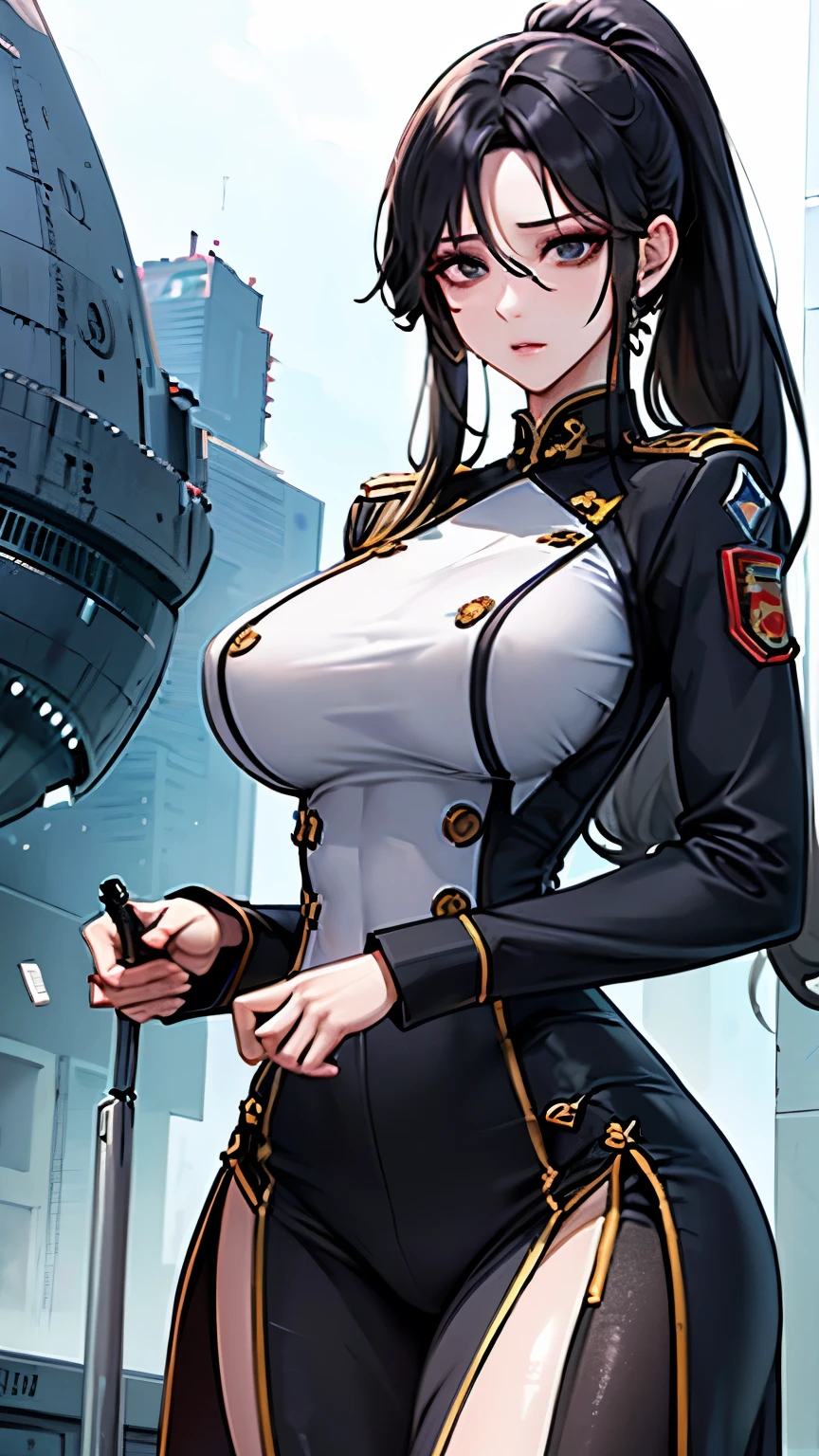 Lin Wei, a beautiful human-hybrid with striking black eyes and long black hair tied in a high ponytail, stands confidently. She looks directly at the camera with a determined and intelligent gaze. Her military uniform fits perfectly, highlighting her strong yet feminine physique. Her presence exudes strength, grace, and leadership. The background suggests a futuristic starship setting, adding to her commanding and powerful aura.