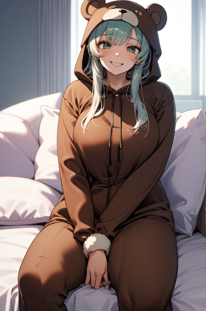 beautiful, (masterpiece), best quality, (extremely detailed face), extremely detailed eyes,  perfect lighting, OverallDetail, detailed, deep skin,textured skin,
,bear costume ,black bear costume, long sleeves, hood up,,mallow , long hair, green eyes, big smile,on bed ,sitting between pillows,
,naked anime girl