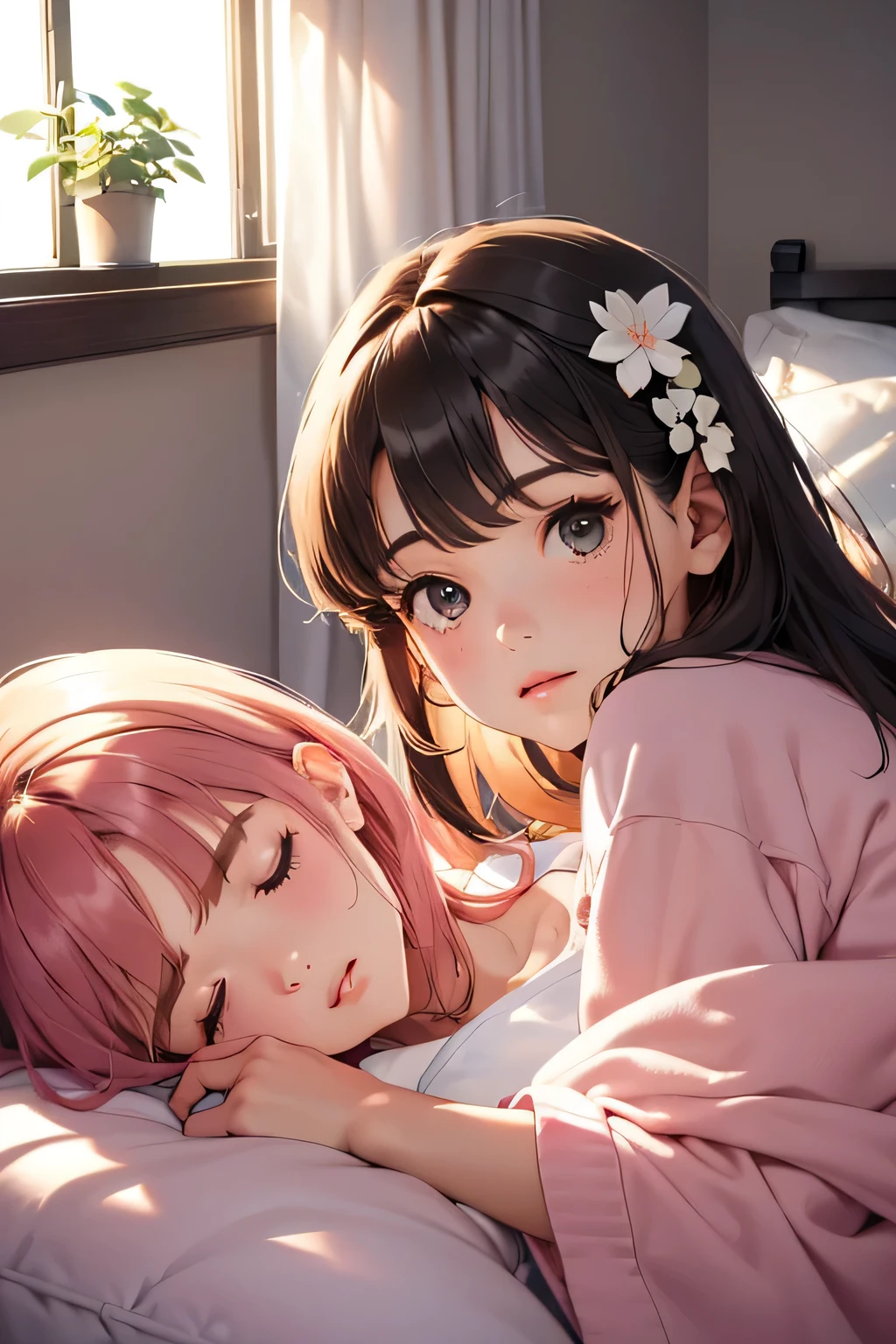 Highest quality、High resolution、Detailed Background、(Beautiful face in every detail:1.4)、Anatomically correct、(Detailed facial expressions)、(Detailed eyes:1.2)、age beauty、(Highly detailed face:1.4)、Cute hair colour、Cute hairstyle、Bright room by the window、White or light-colored beds and duvets、Fluffy cushions etc.、A clean space that creates a feminine atmosphere、Adding plants and stuffed toys will create a more adorable atmosphere.、Pajamas in pastel colors、
(Three sleeping girls:1.5)