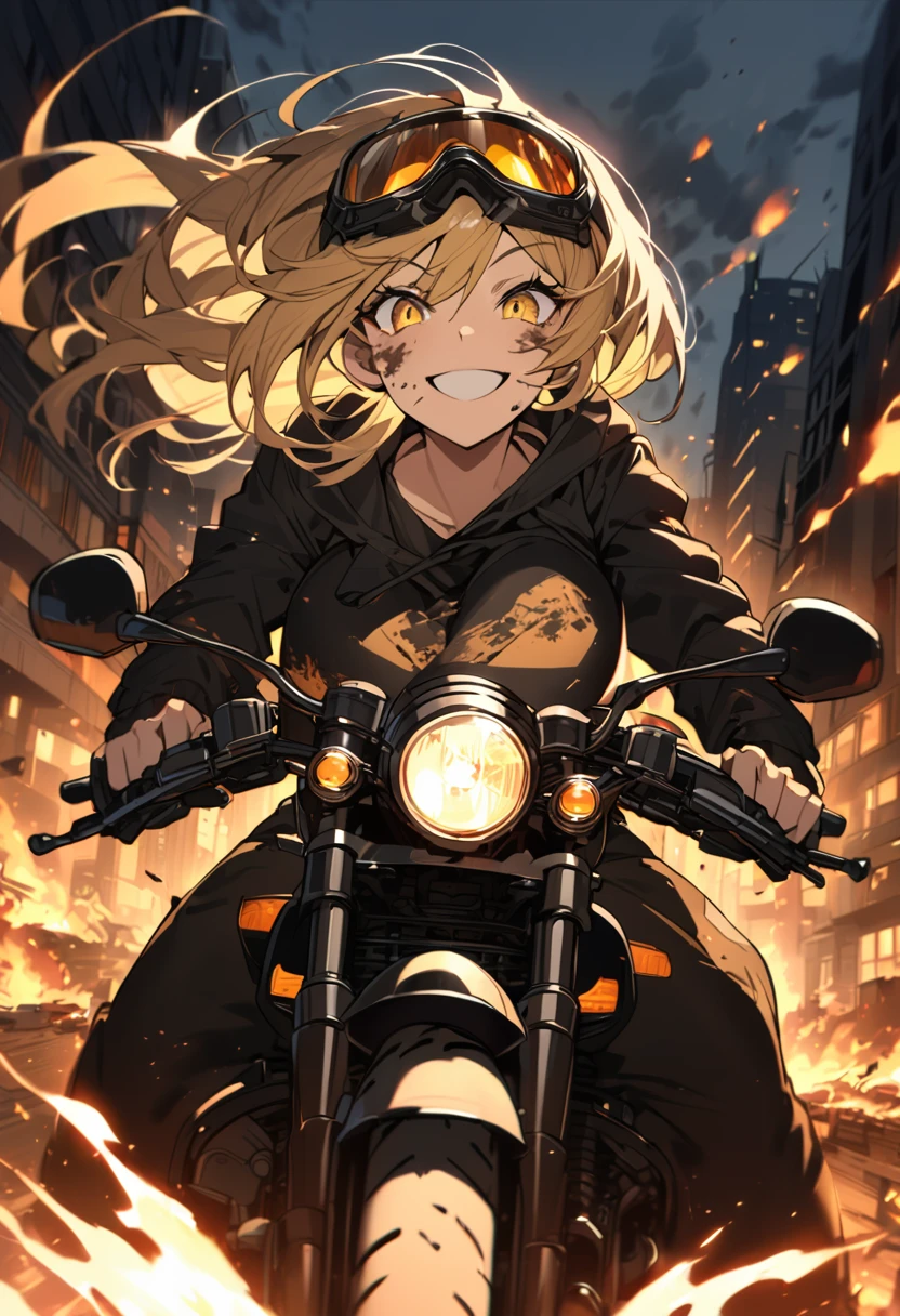 Golden hair, golden eyes with black pupils, woman, cruiser motorcycle, big chest, motorcycle goggles, happy, big smile, dirty, burning city at night, apocalypse, tattered black streetwear, speeding, highly detailed, perfect eyes, well defined eyes, highly detailed eyes, expressive eyes