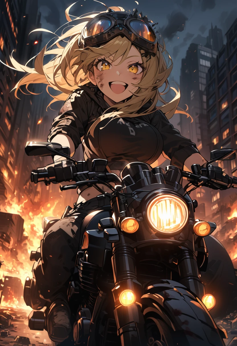 Golden hair, golden eyes with black pupils, woman, cruiser motorcycle, big chest, motorcycle goggles, happy, big smile, dirty, burning city at night, apocalypse, tattered black streetwear, speeding, highly detailed, perfect eyes, well defined eyes, highly detailed eyes, expressive eyes