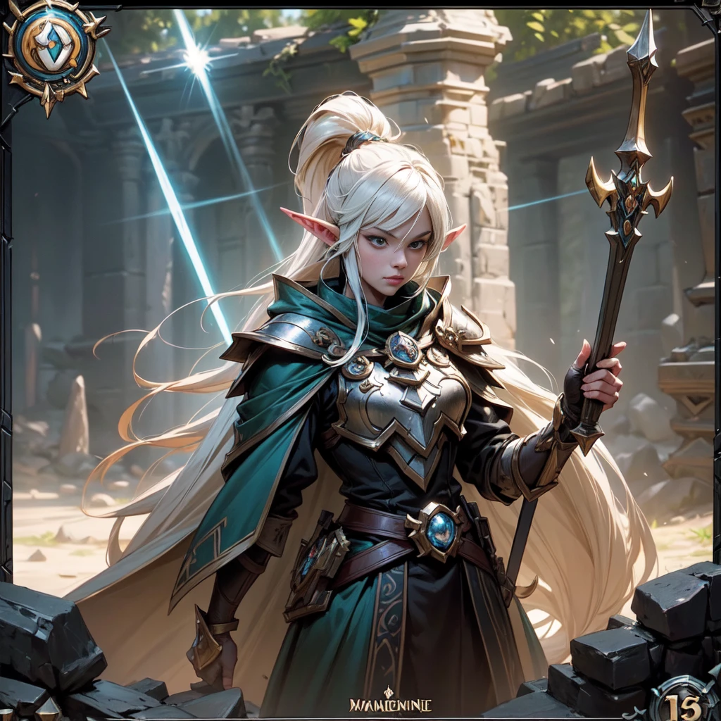 a close-up of a comic book action figure with detailed art and sharp drawing. A beautiful elven war leader, surrounded by magic, holding some kind of futuristic weapon, Concept art by Yusuke Murata, Trends on ArtStation, under Art, von Hearthstone, Elfenmensch, Hearthstone Card Art, Trading Card Art. The surroundings of the royal castle dungeon are threatening, with stone walls and a silence, which is depressing, surrounded by rays of light, magical jewelry and clothing of nature. 8k resolution in Ultra HD image.