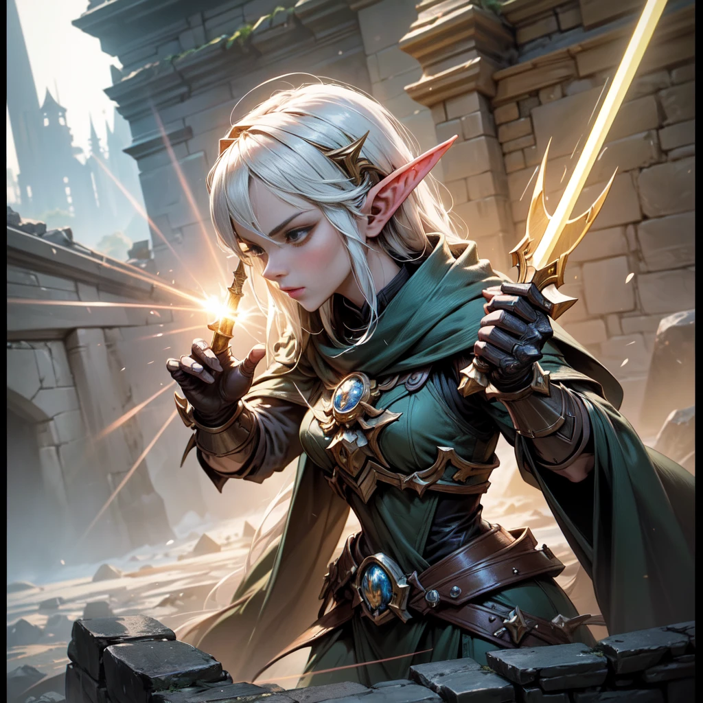 a close-up of a comic book action figure with detailed art and sharp drawing. A beautiful elven war leader, surrounded by magic, holding some kind of futuristic weapon, Concept art by Yusuke Murata, Trends on ArtStation, under Art, von Hearthstone, Elfenmensch, Hearthstone Card Art, Trading Card Art. The surroundings of the royal castle dungeon are threatening, with stone walls and a silence, which is depressing, surrounded by rays of light, magical jewelry and clothing of nature. 8k resolution in Ultra HD image.