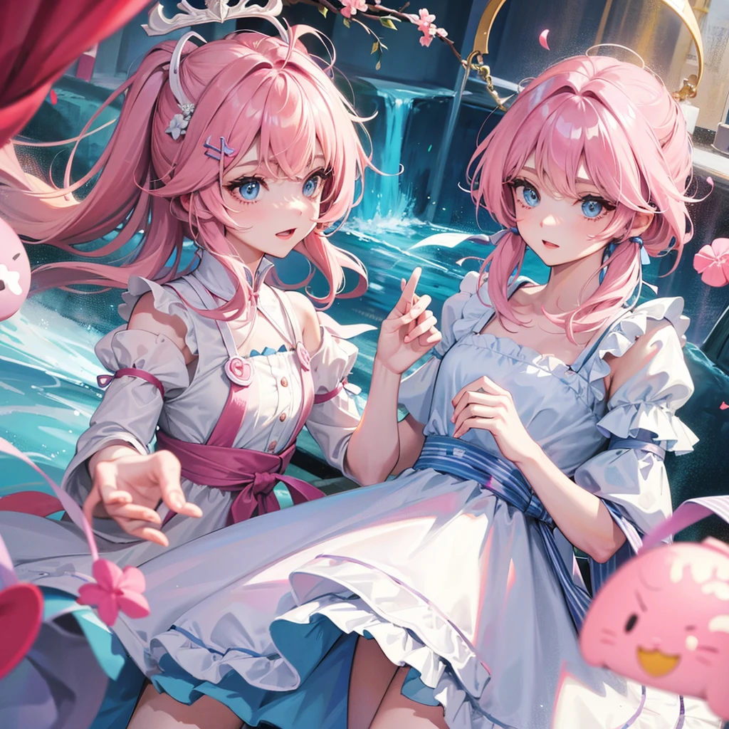 Cute light pink haired girl with bright blue eyes wearing a cute dress