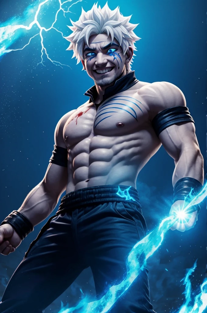 Baku no hero,1 chico,with white hair only at the tips while blue flames come out of one eye and with his arms outstretched smiling in a scary way while he is badly injured stained with blood 