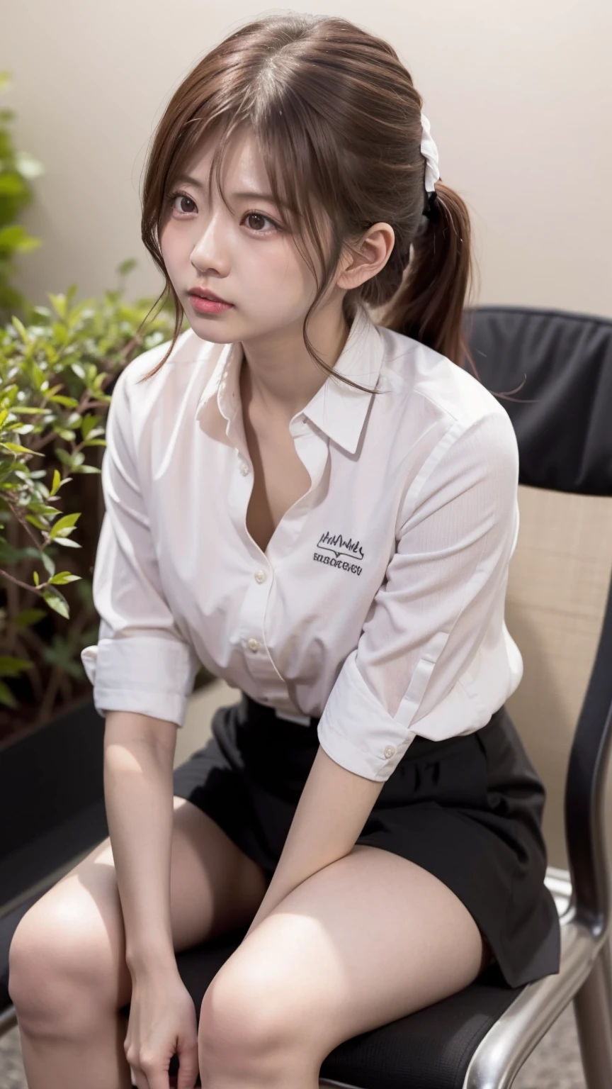 8K quality、High resolution、High resolutionの瞳、woman、Office Lady、mini skirt、リアルなwoman性器、Small breasts、Sweat accumulates in the chest、garden、Sit on a chair with your legs apart and leaning forward、