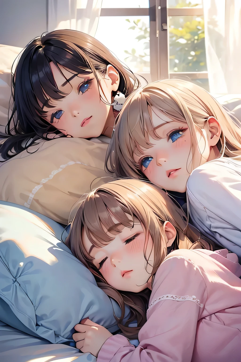 Highest quality、High resolution、Detailed Background、(Beautiful face in every detail:1.4)、Anatomically correct、(Detailed facial expressions)、(Detailed eyes:1.2)、Teenage beauty、(Highly detailed face:1.4)、Cute hair colour、Cute hairstyle、Bright room by the window、White or light-colored beds and duvets、Fluffy cushions etc.、A clean space that creates a feminine atmosphere、Adding plants and stuffed toys will create a more adorable atmosphere.、Pajamas in pastel colors、
(Three sleeping girls:1.5)