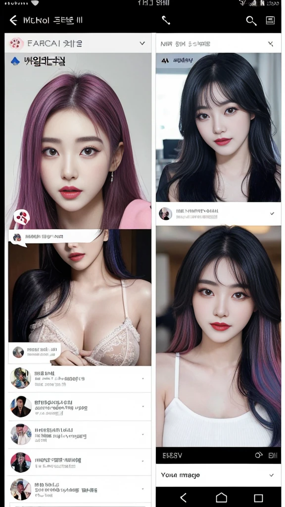 (high quality), (SFW), (vertical split screen:1.6), (Various scans:1.5), (A mature prostitute who enjoys a smartphone chat app with numerous Korean adult men.. : 1.6), (The girl has colorful dyed hair and pretty face makeup. : 1.4), (She is wearing a feminine dress, stockings and strappy high heels, sitting on a bed and chatting online with several men.), her instagram feed, her daily life, her facebook account, Her smartphone display shows followers and a number of Korean adult men chatting with her., Chat language is English., The man is waiting for her answer, Each pop-up window is displayed.., chat history, Online Profiles and Photos, And the man asks her to chat on the smartphone screen.. He and she take turns messaging on a chat app.., her time is night,