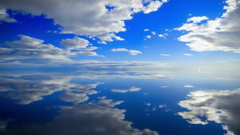 clouds are reflected in the water of a lake with a boat, marvellous reflection of the sky, beautiful reflexions, clear reflection, mirror like water, still water calm as a mirror, beautiful reflections, incredible reflections, constructed upon salar de uyuni, infinite reflections, blue reflections, at the salar de uyuni, amazing sky, amazing wallpaper