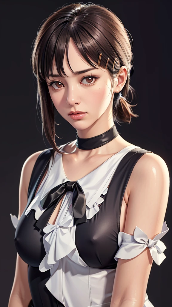 (((Perfect body,White and tender skin,(((black dress, pinafore dress, sleeveless dress, white shirt, black ribbon, neck ribbon, long sleeves, black choker,))),(((Kobeni Higashiyama, black hair, hair ornament, hairclip, ponytail, short hair, (brown eyes:1.5),))),((masterpiece)),highres,((Best quality at best)),masterpiece,quality,Best quality,((( Exquisite facial features,Looking at the audience,There is light in the eyes,(((frown,Wronged))),Look up))),(((Light and shadow,Huge breasts,))),(((Looking at the camera,White background))))
