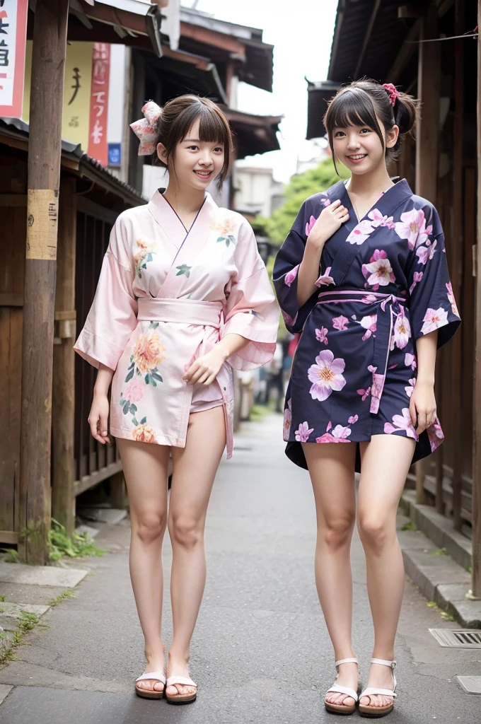2 girls standing in old-Japanese street,floral pink yukata with violet obi,18-year-old,bangs,a little smile,thighs,knees,short hair and low pigtails with red ribbon bow,from before,front light