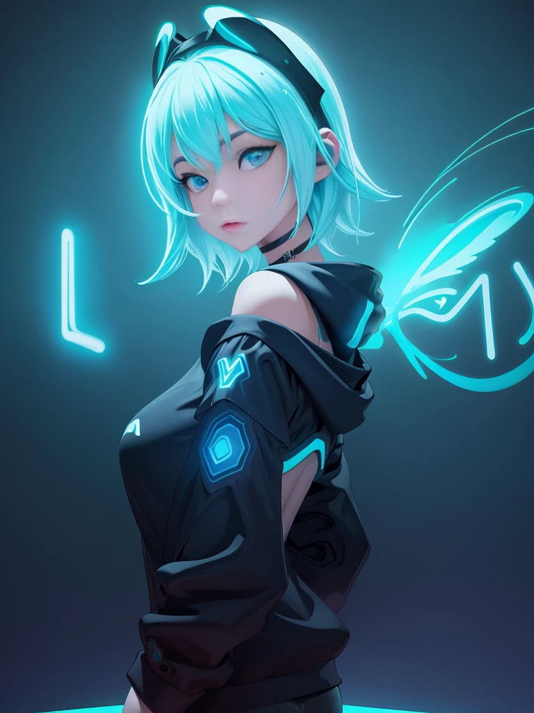 (Front view, Face-to-face audience:1.2), in the center, 3D, 3D model, unreal engine, | digital facial portrait, | 1 girl, alone, aqua hair color, short hairstyle, light blue eyes, | (neon wireless headphones headset:1.2), (black neon futuristic mouse mask:1.2), dark blue hoodie, | futuristic city lights, sunset, building, scenery, neon lightke, Depth of the bounds written,