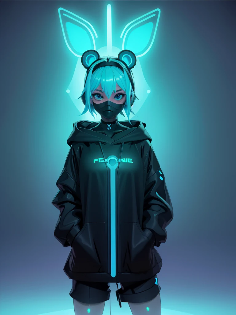 (Front view, Face-to-face audience:1.2), in the center, 3D, 3D model, unreal engine, | digital facial portrait, | 1 girl, alone, aqua hair color, short hairstyle, light blue eyes, | (neon wireless headphones headset:1.2), (black neon futuristic mouse mask:1.2), dark blue hoodie, | futuristic city lights, sunset, building,  scenery, neon lightke, Depth of the bounds written,