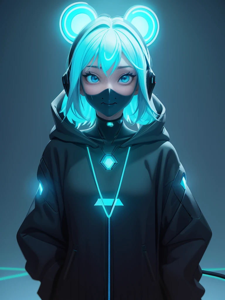 (Front view, Face-to-face audience:1.2), in the center, 3D, 3D model, unreal engine, | digital facial portrait, | 1 girl, alone, aqua hair color, short hairstyle, light blue eyes, | (neon wireless headphones headset:1.2), (black neon futuristic mouse mask:1.2), dark blue hoodie, | futuristic city lights, sunset, building,  scenery, neon lightke, Depth of the bounds written,