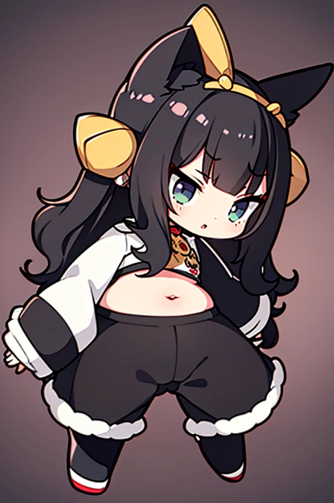 18 year old girl, large eyes, big eyelashes, thin eyebrows, half full cheeks, thick lips, curly black hair with accessories , using a long-sleeved crop top, showing the ass, , calcetas largas blancas, black tennises