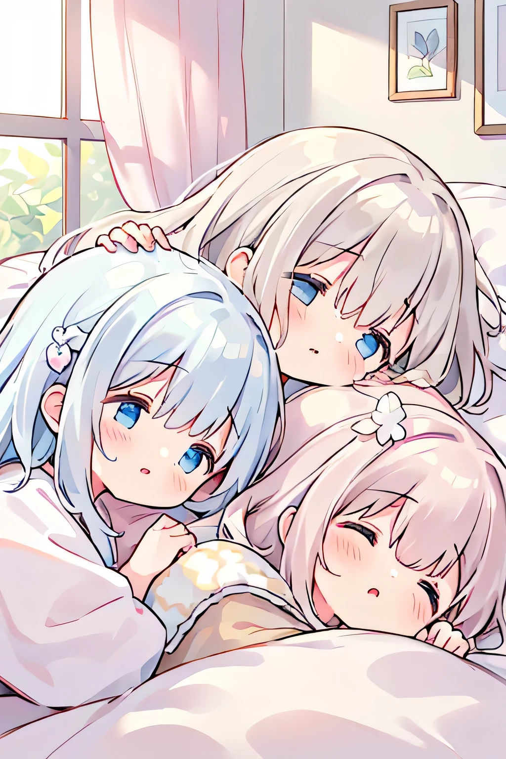 Highest quality、High resolution、Detailed Background、(Beautiful face in every detail:1.4)、Anatomically correct、(Detailed facial expressions)、(Detailed eyes:1.2)、age beauty、(Highly detailed face:1.4)、Cute hair colour、Cute hairstyle、Bright room by the window、White or light-colored beds and duvets、Fluffy cushions etc.、A clean space that creates a feminine atmosphere、Adding plants and stuffed toys will create a more adorable atmosphere.、Pajamas in pastel colors、
(Three sleeping girls:1.5)