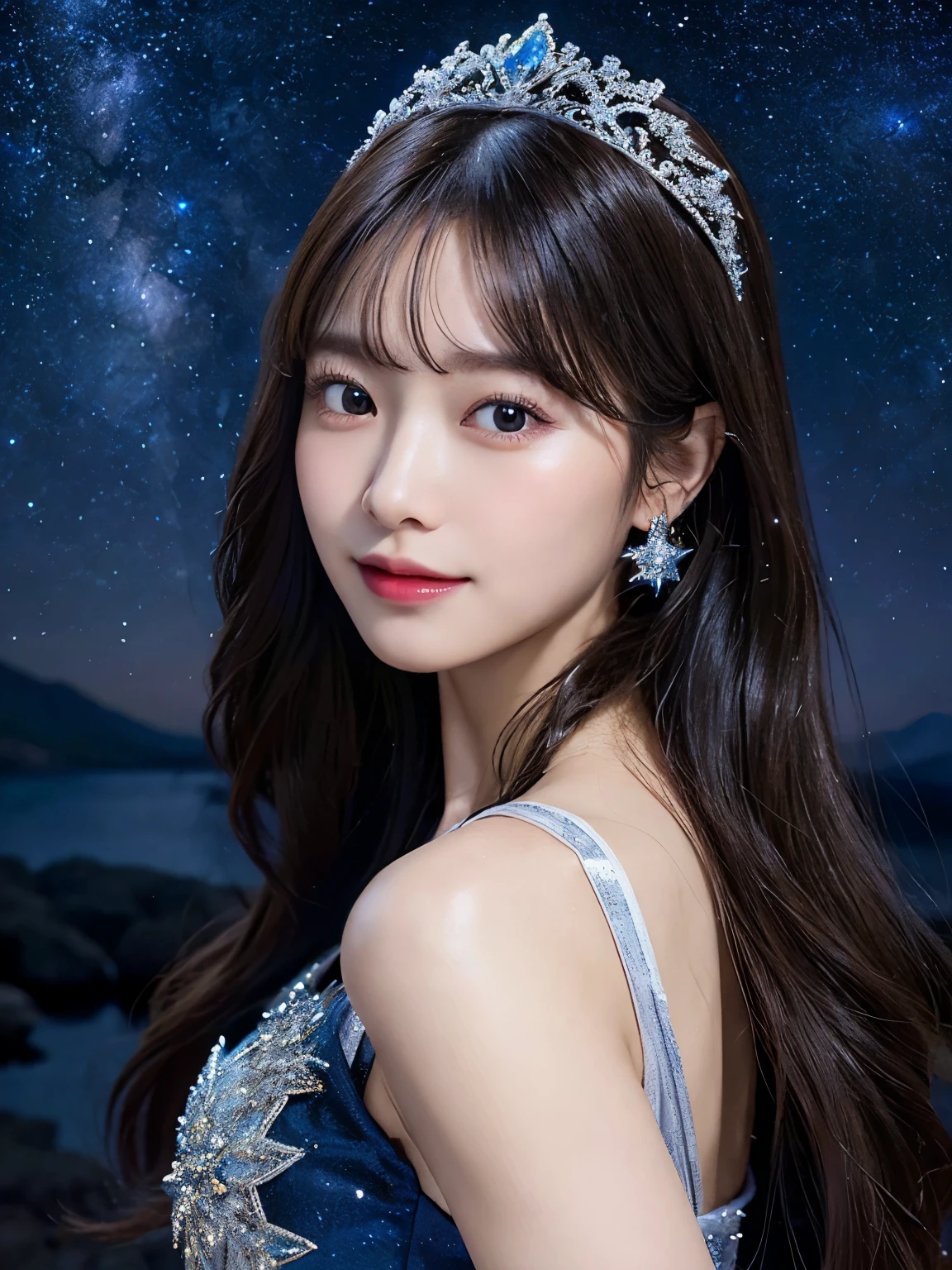 ultra real portrait photo, highly detailed, dynamic angle, beautiful detailed, 8k,lively expression,  a realistic image of a female character personifying the North Star (Polaris). She wears a radiant tiara symbolizing a star, set against a mystical night sky background. She is dressed in a deep blue and silver gown adorned with shimmering stars. Her expression is serene, with a gentle smile. The background features a starry sky with the North Star shining brightly, creating an overall dreamy and beautiful atmosphere. Focus on the realism in her skin texture, hair, and the intricate details of her gown.
