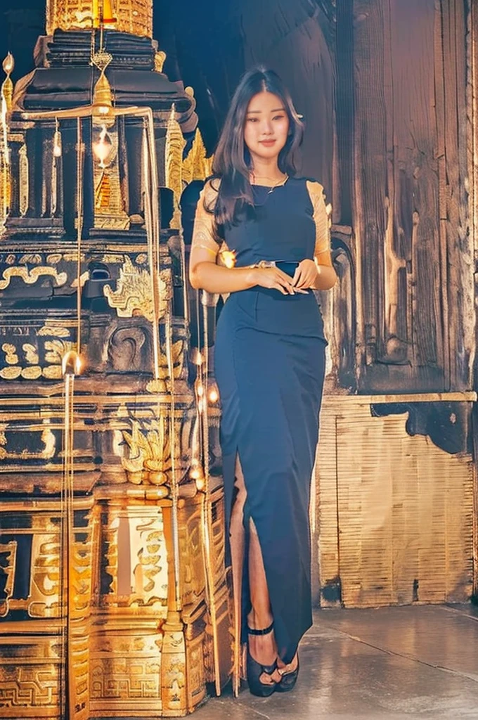 arafed asian woman in a green dress standing in front of a crowd, (((full body view:2))), ((pretty lady MoonLay:1.2)), (1 pretty lady MoonLay), ((((pretty lady MoonLay's innocent cute face and cute small smile:1.3)))), (random other girls), ((wearing Myanmar traditional elegant and stylish affair:1.2)), ((gray top and black bottom satin dress color:1.2)), blue stiletto high heel, south east asian with square face, traditional beauty, beautiful asian girl, anime thai girl, a young beautiful asian woman, ((glowing golden Shwe Da Gone ancient pagoda at far background:1.5)), cinematic enhance HDR portrait lighting, perfect anatomy, cannon mark v, DSLR quality.
