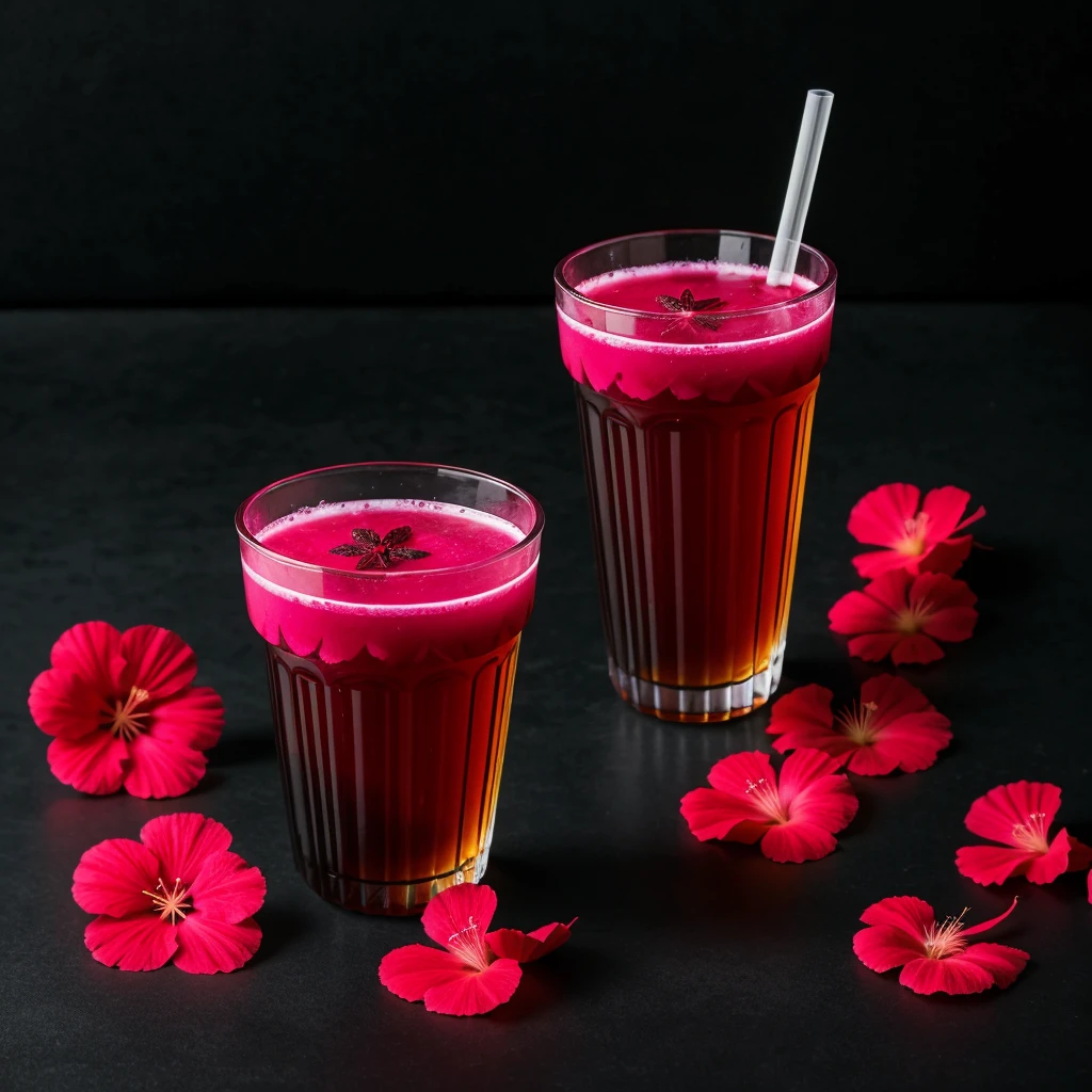 put a professional black background , On this side is a transparent cup with hibiscus tea. , that most of the bottom is empty and the cup has to be in the corner.