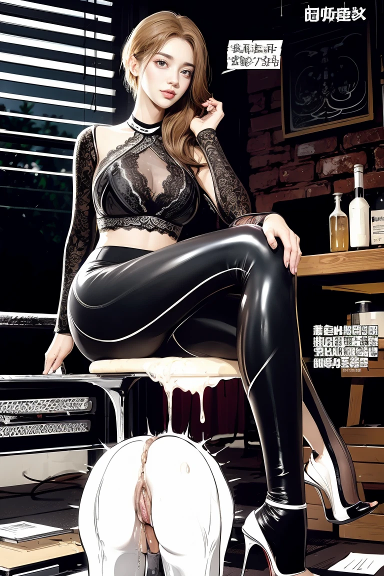The beautiful girl in lace top and leggings is sitting astride a pile of skeletons in the center of the picture. She is holding a trembling sausage with juice squeezed out in her hand and smiling. There are multiple comic storyboards in the background,cbt, sausage bondage,sausage insertion,Sexy, trampling sausage with high heels heel,(masterpiece, best quality:1.2),1 beautiful girl,sexy,comic storyboard:2, leggings, sit astride, axially symmetrical:2, ,femdom,sounding,cbt,hold,smile,colorful,leggings,thin gap,cameltoe,insertion,trembling,juice,spray, Long hair,Lace top,Sexy, Shiny leggings, High heel,cleveage, trampling, in forest, saliva , Mucus
