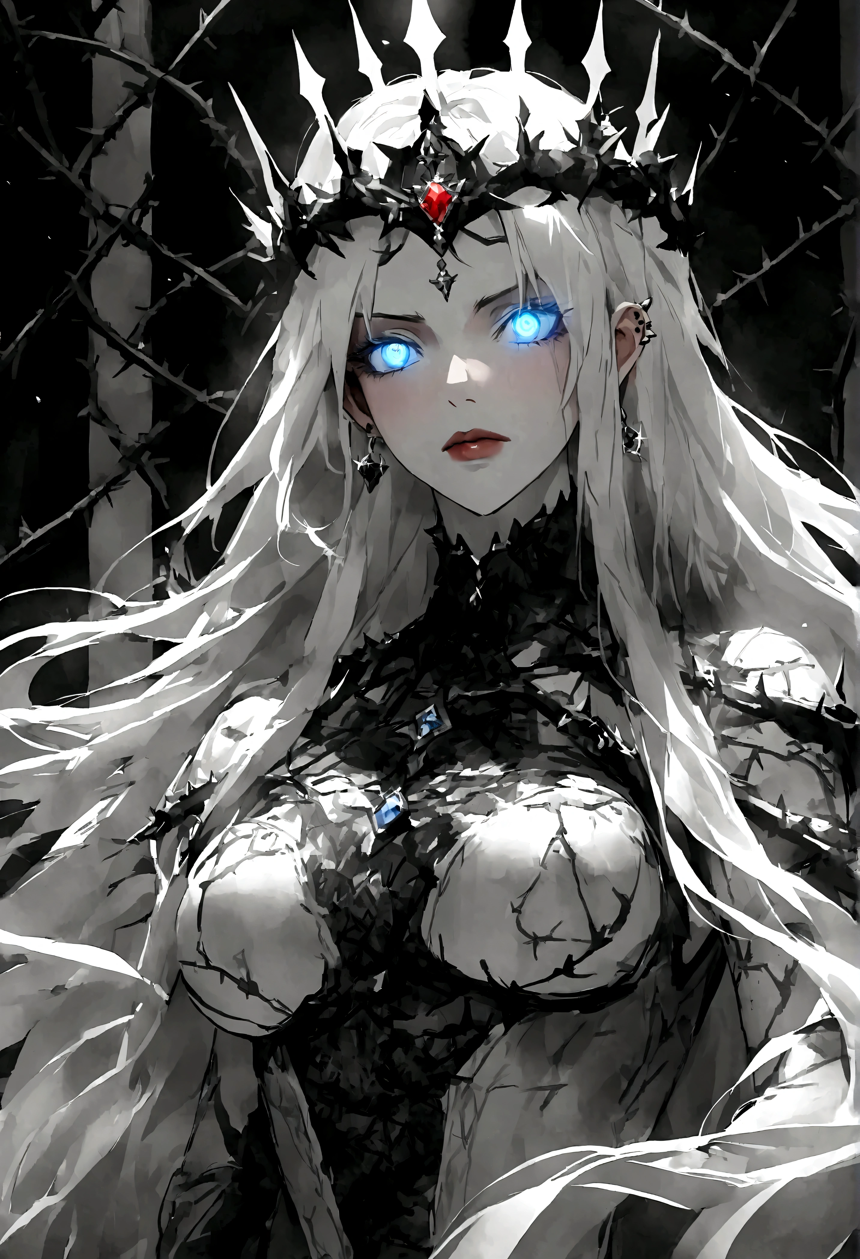 Thorns piercing the body，Long hair，Glowing eyes，Black and white，Crown of thorns，grace，Queen