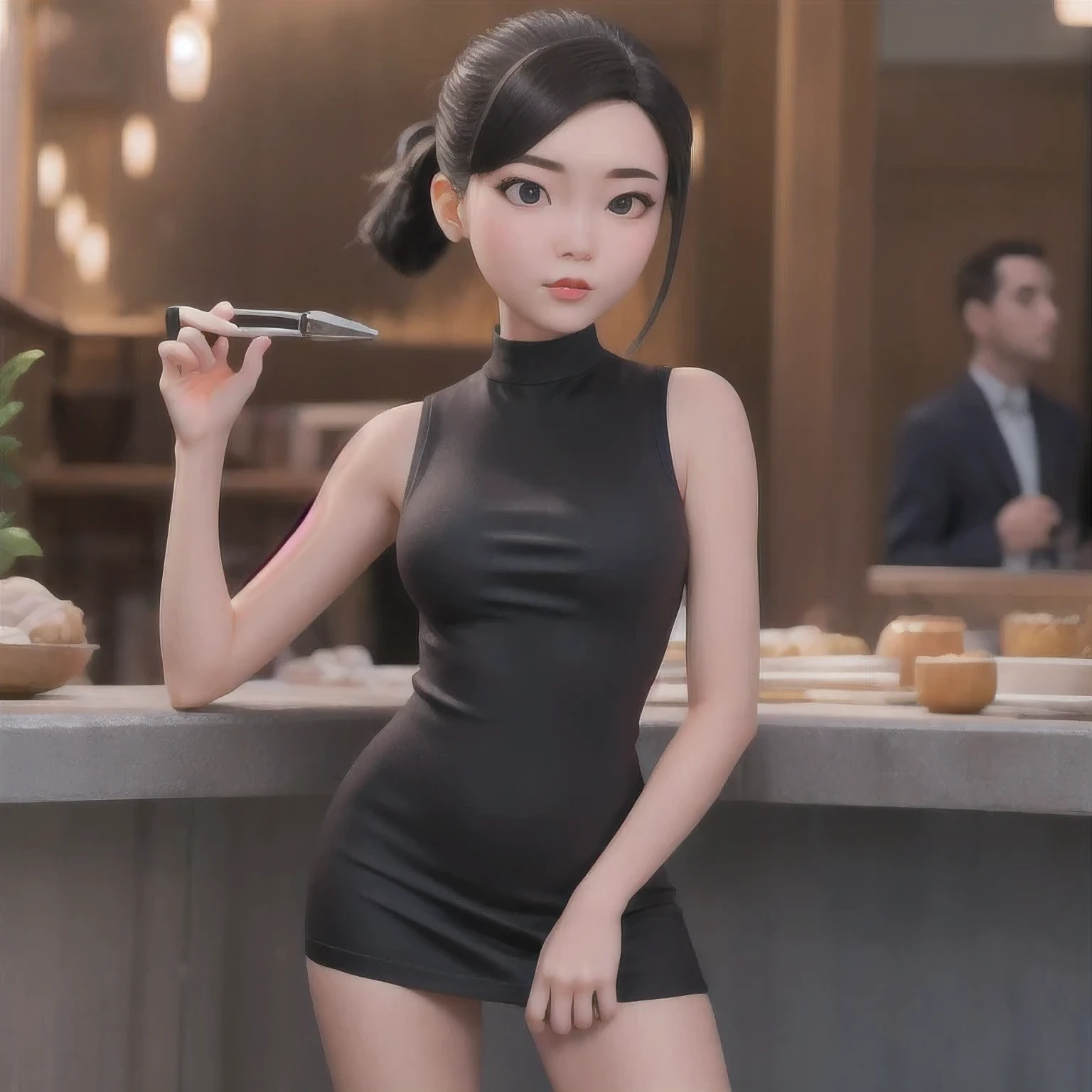 A girl in a 紫粉 dress poses for a photo, Sleek black hair, Hair tied into a sleek low ponytail, Comb your hair back, 短Comb your hair back, She wears a black vest, 2 4-year-old female model, very 短Comb your hair back, Slicked-back hair, 30-year-old French girl, 1 girl, solo，a girl in a black dress posing for a picture, slicked black hair, hair in slick low ponytail, slicked-back hair, short slicked - back hair, she is wearing a 紫粉 tank top, 2 4 year old female model, very short slicked - back hair, slicked back hair, 30-year-old french girl，