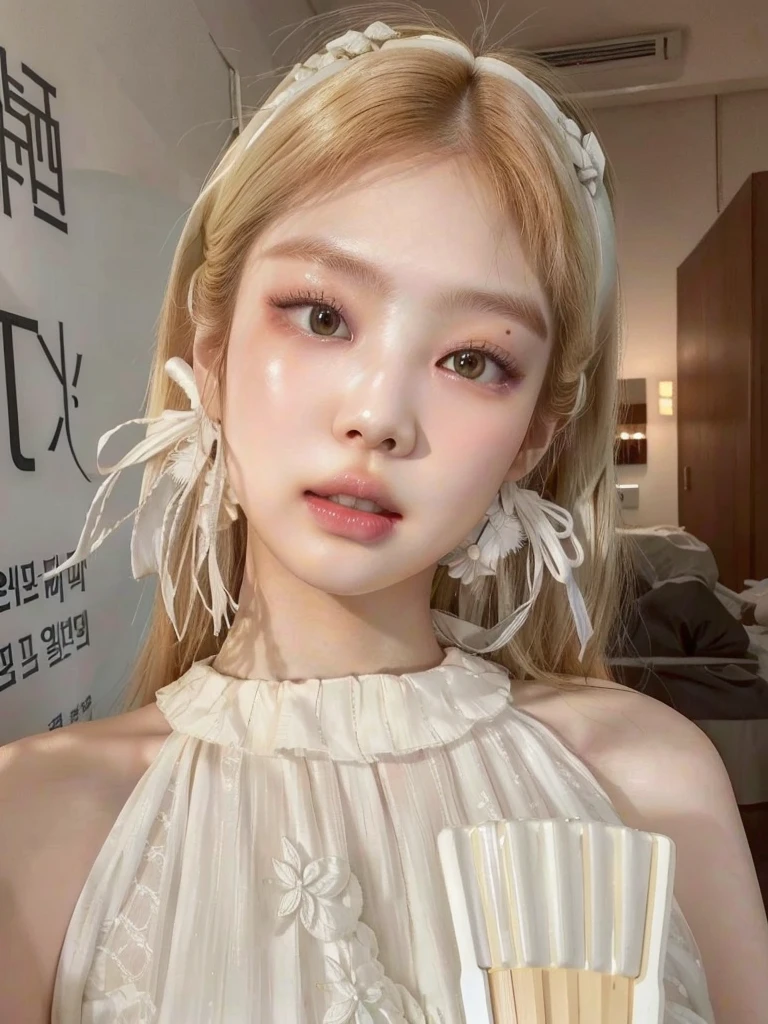 a close up of a woman holding a fan and a fan, popular south korean makeup, popular korean makeup, white hime cut hairstyle, roseanne park of blackpink, ulzzang, beautiful pale makeup, pale milky white porcelain skin, beautiful aesthetic face, pale porcelain white skin, beautiful south korean woman, young adorable korean face, gorgeous young korean woman, beautiful young korean woman , blackpink jennie , blackpink Lisa , asian famale face , cute girl , Korean famale