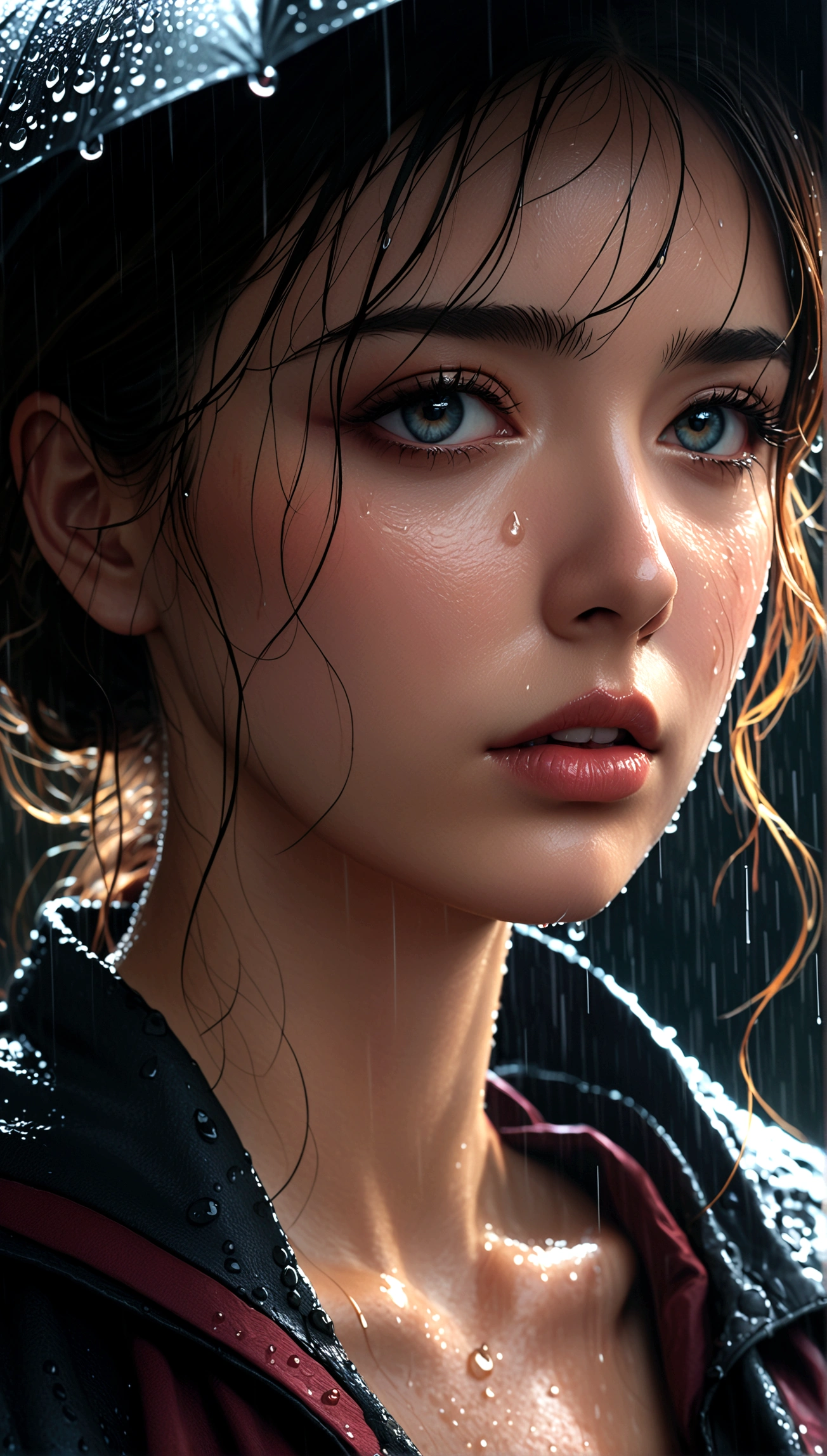 crying,aesthetic,extremely detailed,teary eyes,rosy cheeks,soaked lashes,emotional expression,intense sadness,dripping tears,true-to-life textures,highly refined details,dramatic lighting,seamless blending of colors,vibrant hues,artistic composition,layered brushstrokes,emotive brushwork,realistic water droplets,breathtaking realism,masterful craftsmanship,haunting beauty,evocative atmosphere,highly emotional scene,silent sorrow,stark contrast,moody ambiance,endless depth,luminous glow,shimmering highlights,subtle shadows,intimate close-up,precise contours,striking emotion,fluid brush movements,touching portrayal,painstaking attention to detail,aesthetically pleasing,heart-wrenching,deeply moving artistry