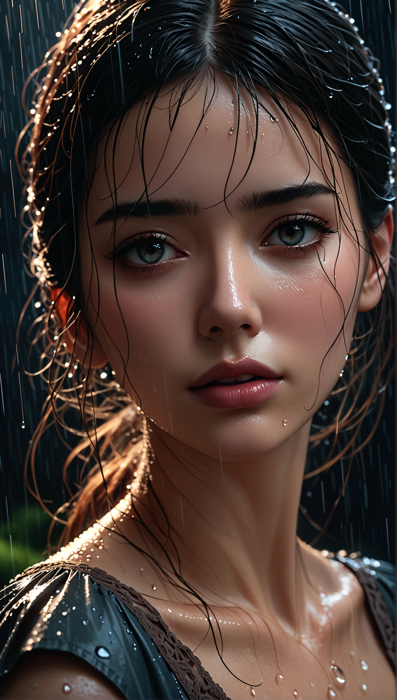 a woman in a long lace dress standing in the rain, beautiful detailed eyes, beautiful detailed lips, extremely detailed eyes and face, long eyelashes, dramatic expression, cinematic lighting, moody atmosphere, high contrast, muted colors, wet fabric, rain drops, stormy sky, (best quality,4k,8k,highres,masterpiece:1.2),ultra-detailed,(realistic,photorealistic,photo-realistic:1.37),highly detailed,intricate details,dramatic lighting,cinematic composition,moody colors