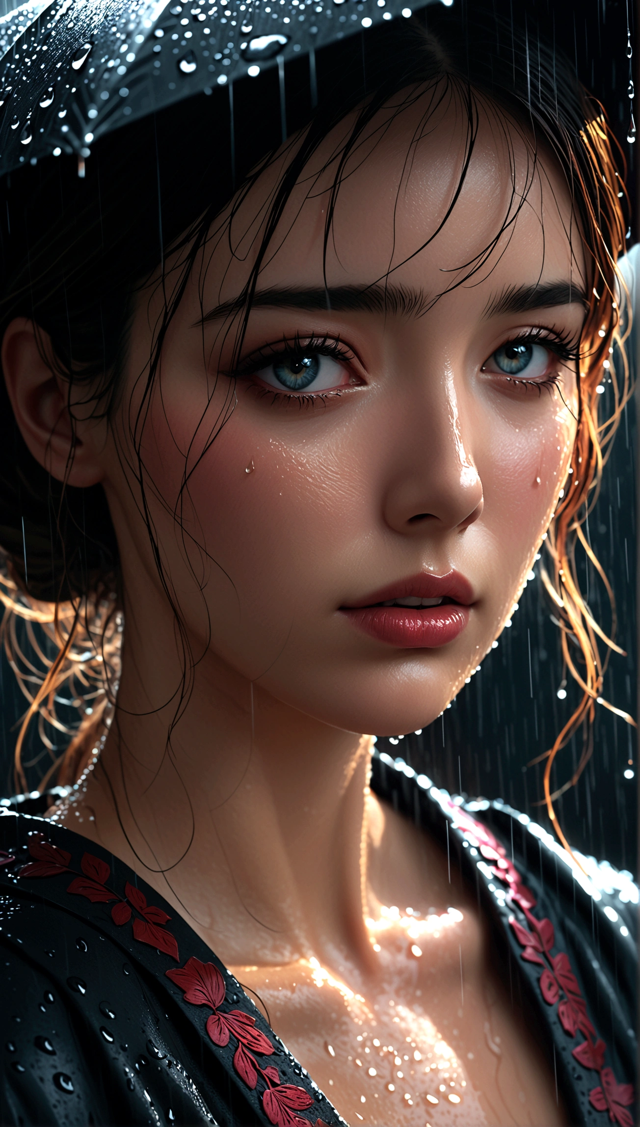 a woman in a long lace dress standing in the rain, beautiful detailed eyes, beautiful detailed lips, extremely detailed eyes and face, long eyelashes, dramatic expression, cinematic lighting, moody atmosphere, high contrast, muted colors, wet fabric, rain drops, stormy sky, (best quality,4k,8k,highres,masterpiece:1.2),ultra-detailed,(realistic,photorealistic,photo-realistic:1.37),highly detailed,intricate details,dramatic lighting,cinematic composition,moody colors