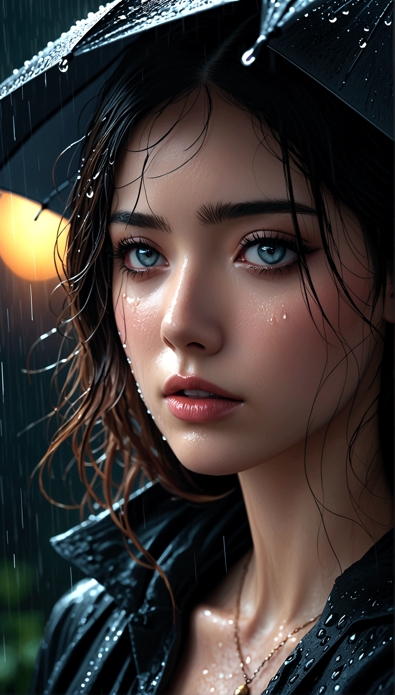 a woman in a long lace dress standing in the rain, beautiful detailed eyes, beautiful detailed lips, extremely detailed eyes and face, long eyelashes, dramatic expression, cinematic lighting, moody atmosphere, high contrast, muted colors, wet fabric, rain drops, stormy sky, (best quality,4k,8k,highres,masterpiece:1.2),ultra-detailed,(realistic,photorealistic,photo-realistic:1.37),highly detailed,intricate details,dramatic lighting,cinematic composition,moody colors