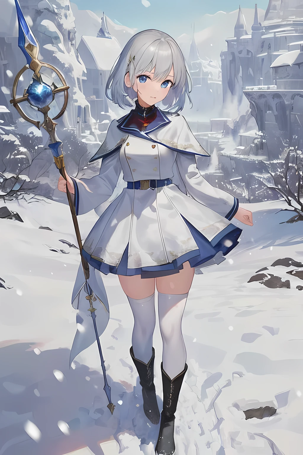(master piece:1.3, best quality:1.3, ultra detailed:1.3), CG, 8k, illustration, cool face, kawaii, 1girl, solo, shiny hair, shiny skin, (silver medium hair:1.3,  straight hair), BREAK, (cobalt blue eyes), BREAK, (Standing Upright), natural hand poses, (face and body straight at the camera:1.3), (full body:1.3), 1.6m talls, standard height, (small ???????:0.8), small ???, slim, BREAK, (marine blue healer's dress:, long sleeve, white thighhighs, boots), BREAK, (hold a healer's staff with blue magic ston), (fantasy world:1.4), (outdoors, snow field, Snowy Day, in the morning)
