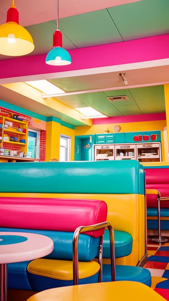 retro cafe interior 70s bright light colors pastel retro auto