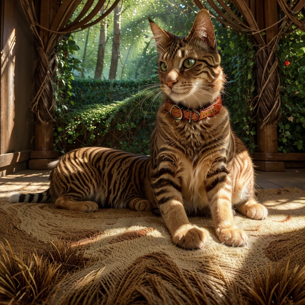 "masterpiece, best quality, 8k photorealistic, intricate details, a majestic tabby cat with a glowing bright red collar, Van Gogh style, swirling patterns, vibrant and dreamy, sun-dappled enchanted forest, beams of light, magical atmosphere, close-up, emotional, heartwarming