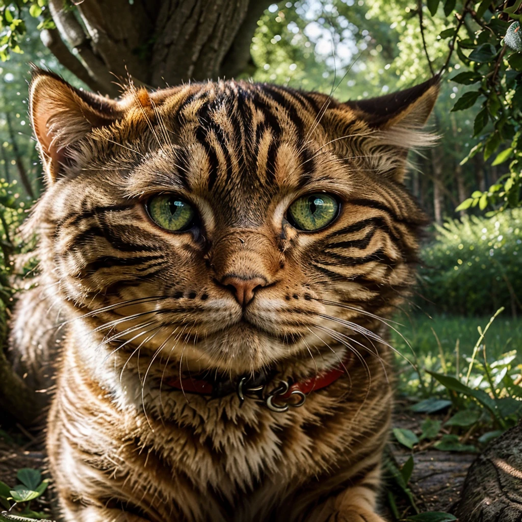 "masterpiece, best quality, 8k photorealistic, intricate details, a majestic tabby cat with a glowing bright red collar, Van Gogh style, swirling patterns, vibrant and dreamy, sun-dappled enchanted forest, beams of light, magical atmosphere, close-up, emotional, heartwarming