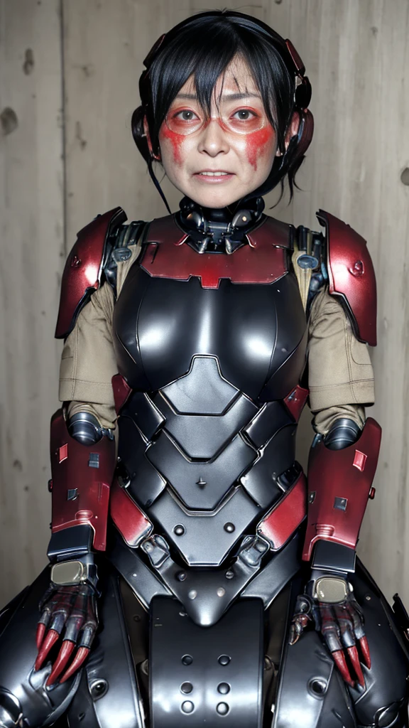 Rough skin, Very detailed, Advanced Details, high quality, 最high quality, High resolution, 1080P 、、Red Armor、Wearing red and black、cute((During a break))(Wearing a damaged cyborg suit...)(Red Armor)(Broken Armor)Black Hair、、Soaking wet、、、Sweaty face、Beautiful Face、cute、knock down、Drooling、 (Steam coming out of the face) ((Steam from the body)) Sit on a chair Filming locations I can see the vagina Open the crotch to the front look up