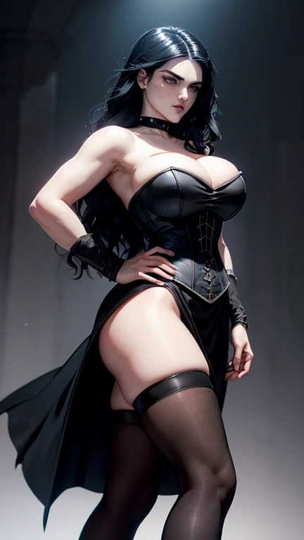 (Katie McGrath face), Generate an illustration of a young (Yennefer of Vengerberg), of Witcher 3, hair combed to sides, layered haircut, de terno preto, long hair flows to her back, hair flows straight down, black hair, Ultrarealistic Violet eyes, ,big eyes, both eyes are similar, (big round breasts), deep cleavage, round ass, black Corset outfit in anime format with a serious style, ((black strapless dress)), Ruby black velvet choker, grey tights, black boots, gothic make up, masterpiece, ((dark lighting)), black background, puffy lips,slendered toned abs, beautiful face
