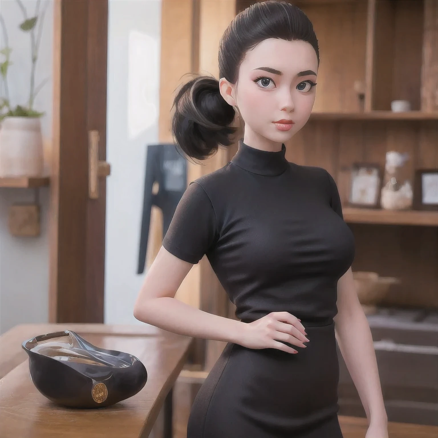 A girl in a 紫粉 dress poses for a photo, Sleek black hair, Hair tied into a sleek low ponytail, Comb your hair back, 短Comb your hair back, She wears a black vest, 2 4-year-old female model, very 短Comb your hair back, Slicked-back hair, 30-year-old French girl, 1 girl, solo，a girl in a black dress posing for a picture, slicked black hair, hair in slick low ponytail, slicked-back hair, short slicked - back hair, she is wearing a 紫粉 tank top, 2 4 year old female model, very short slicked - back hair, slicked back hair, 30-year-old french girl，