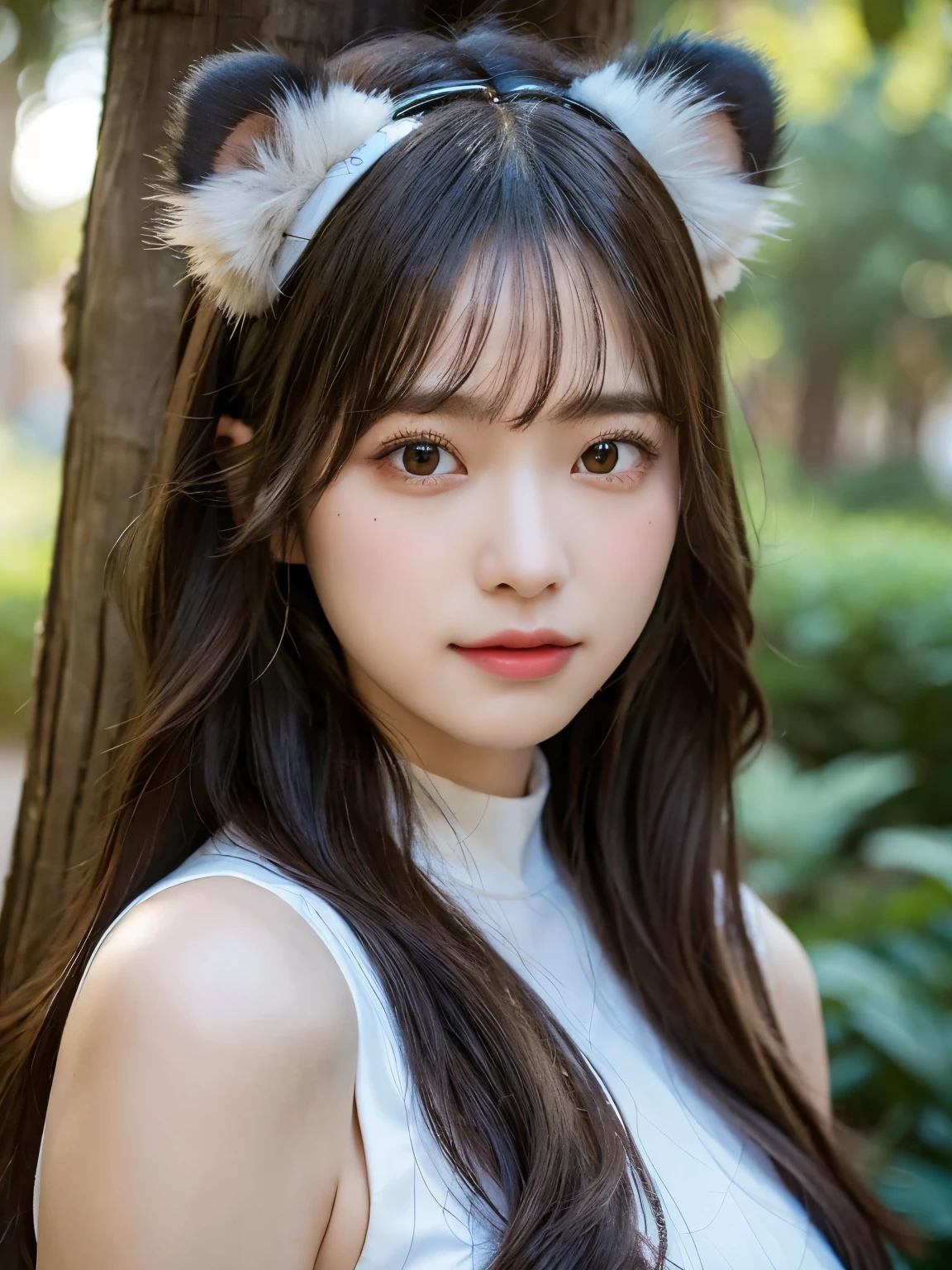ultra real portrait photo, highly detailed, dynamic angle, beautiful detailed, 8k,lively expression,a realistic image of a female character in koala cosplay. She wears accessories resembling koala ears and a nose, dressed in a gray fur-like costume. She has a relaxed expression, with eucalyptus trees in the background. Her posture conveys a calm and serene atmosphere. Focus on the realism in her skin texture, hair, and the details of her costume.