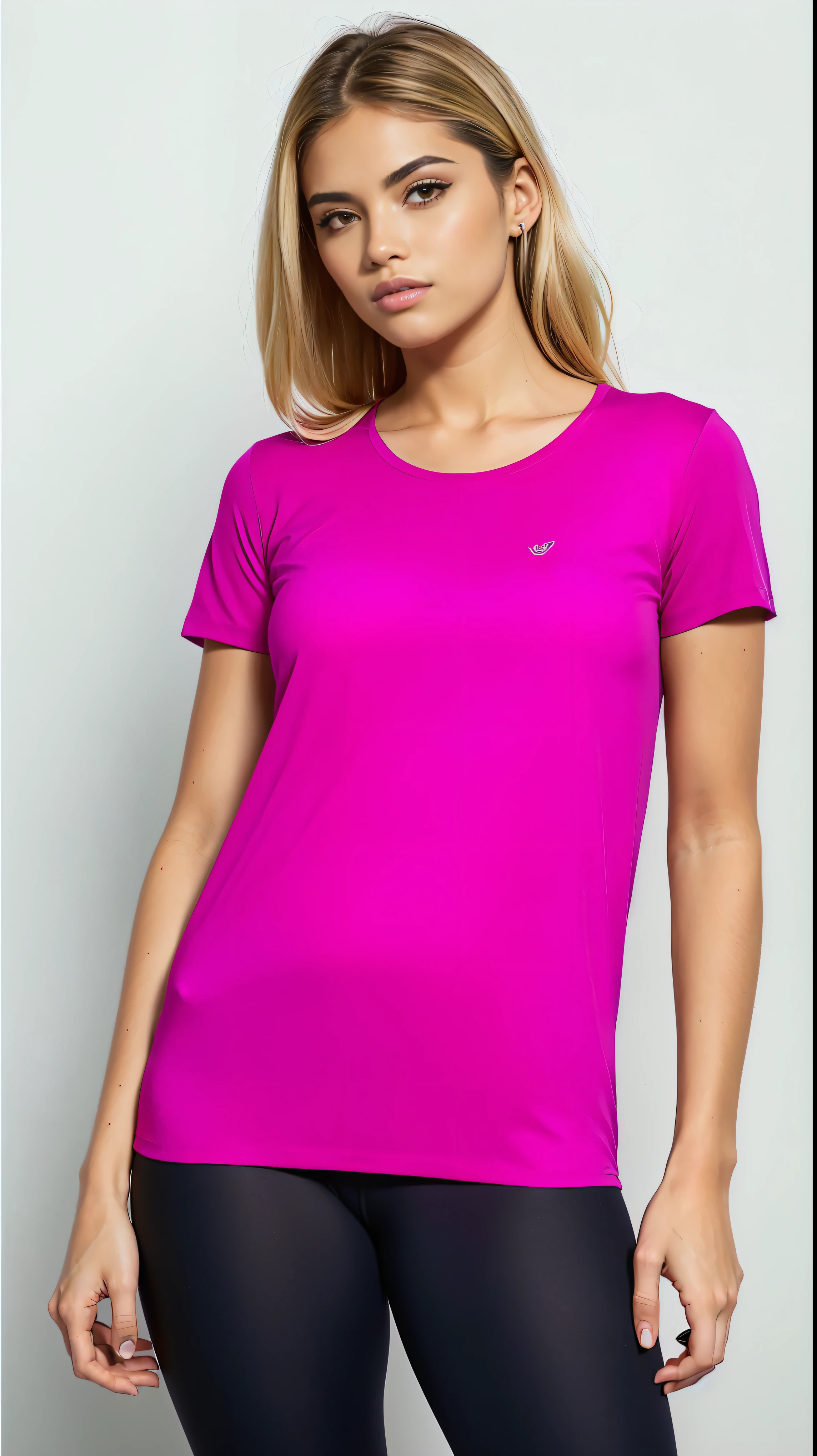 a woman in a bright rosa top and leggings, camisa magenta, rosa shirt, hot rosa, neon rosa, Manga curta, smooth fuchsia skin, fuchsia skin, camiseta violeta, dayglo rosa, magenta, rosa clothes, rich deep rosa, (rosa colors), bright fuchsia skin, rosa, fuchsia skin, camiseta
