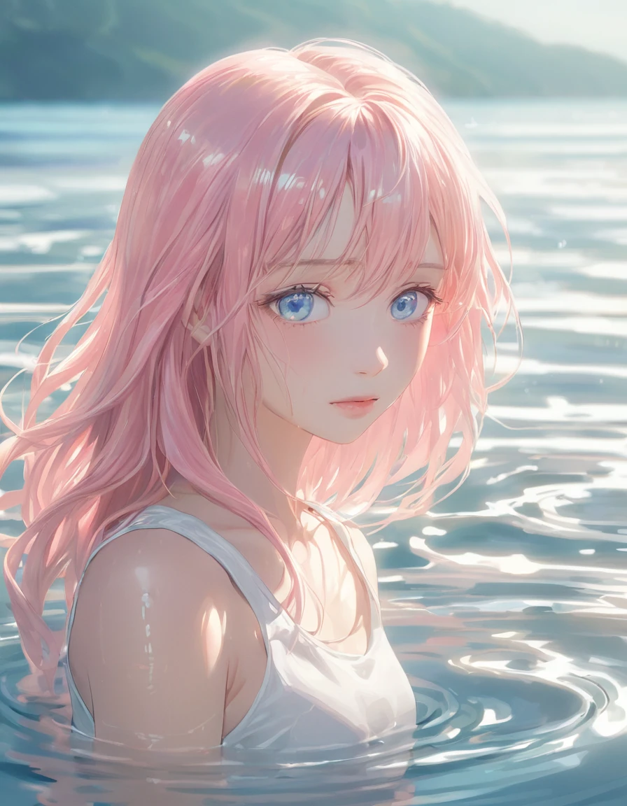 anime style female character, (Long pink hair:1.2), (Gentle expression:1.1), blue eyes, White tank top, (Ripple water effect around body:1.3), Sunlight reflecting on water, sunny, High Resolution Digital Art, Soft Color Palette, Quiet atmosphere, (Calm sea background:1.1), Realistic water texture