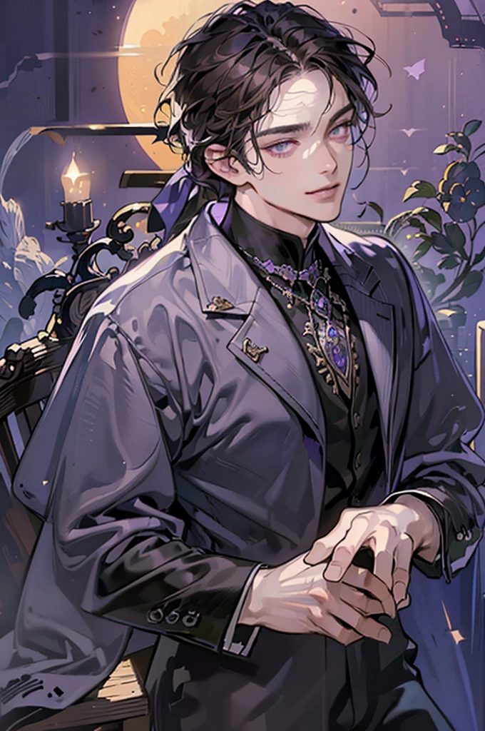 masterpiece, best quality, realistic, 1man, single character, 1 person, portrait, 40 years old handsome and charming mature male, serious look, extremely detailed face, detailed eyes, extremely intricate eyes, detailed background, cinematic lighting, looking at the audience, posture dynamics, (masterpiece, top quality, best quality, beautiful illustration, official art, wide angle, beautiful and aesthetic :1.5), Masterpiece Background Midnight, Darkness, Dark Room, Dark tone, castle, castle windows, Moonlight, (Moonlight Only: 1.5), Invincible Smile, smirk, Bewitching, emperor, ((purple eyes)), ((light brown hair)), [thick eyebrows], ((suit)), blue cape, black suit, black pants, violet eyes, short light brown hair
