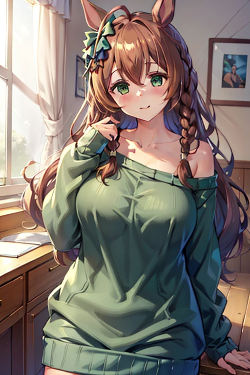 mejiro_bright_(umamusume), clothes with open chest, (high top fade:1.3), green skirt, (green sweater:1.5), long sleeve, off shoulder, off shouldersweater, plump sleeves, skirt, sweater, white ribbon