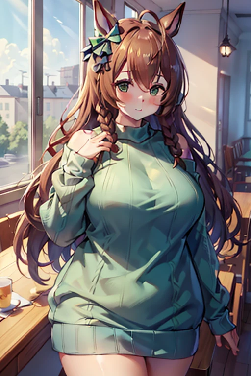 mejiro_bright_(umamusume), clothes with open chest, (high top fade:1.3), green skirt, (green sweater:1.5), long sleeve, off shoulder, off shouldersweater, plump sleeves, skirt, sweater, white ribbon