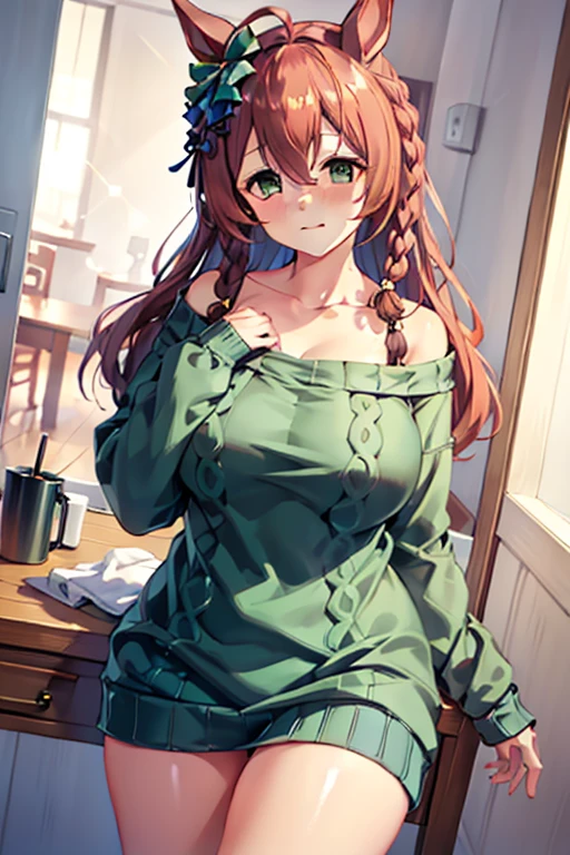 mejiro_bright_(umamusume), clothes with open chest, (high top fade:1.3), green skirt, (green sweater:1.5), long sleeve, off shoulder, off shouldersweater, plump sleeves, skirt, sweater, white ribbon